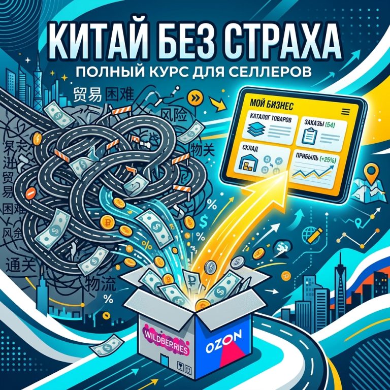 Яркая обложка курса по закупкам в Китае для Wildberries и Ozon