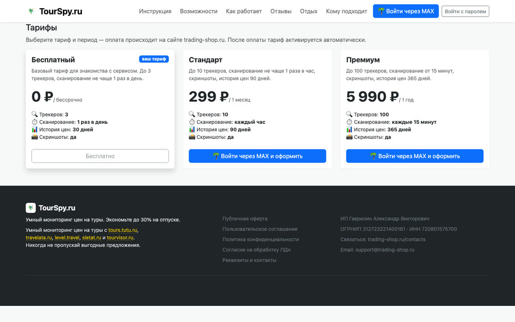 Тарифы мониторинга цен на туры TourSpy: 0, 299 и 599 рублей
