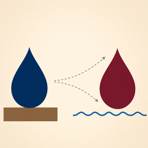 Две нефтяные капли — синяя на земле и бордовая на воде — символизируют разные сорта нефти WTI и Brent и их рыночную среду.