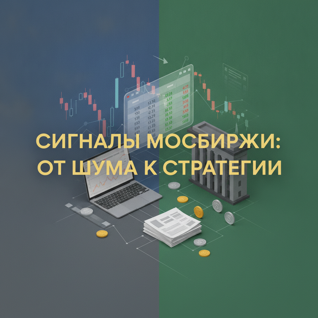 Обложка статьи о сигналах Московской биржи: графики, ноутбук, стакан котировок на синем фоне с заголовком 'Сигналы Мосбиржи: от шума к стратегии'