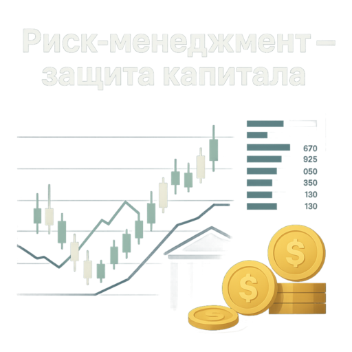 Абстрактная деловая иллюстрация, посвящённая управлению рисками на бирже: графики, стакан заявок и силуэт биржевого здания на фоне сдержанной цветовой палитры
