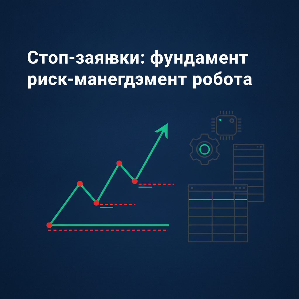 Обложка статьи о роли стоп-заявок в управлении рисками торговых роботов: тёмно-синий фон, график с маркерами, шестерёнка робота, крупный заголовок белого цвета.