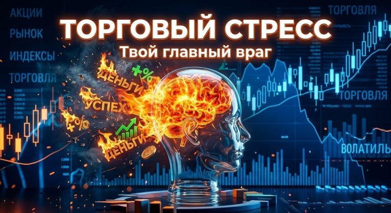 Голова трейдера с горящим мозгом на фоне биржевых графиков