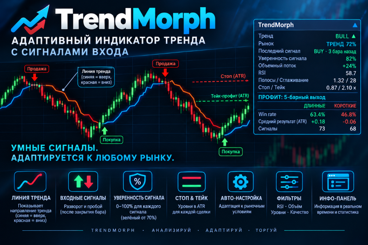 TrendMorph — адаптивный трендовый индикатор со стрелками входа (MT4 и MT5)
